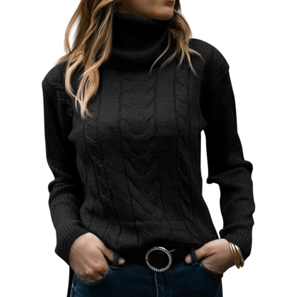 Womens Black Pull On Cable Knit Turtleneck Long Sleeve Casual Warm Sweaters